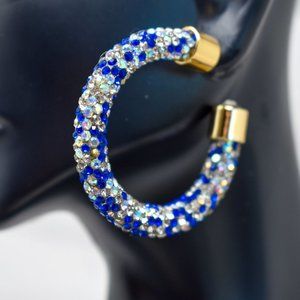 1.75" Blue/AB Pave Wrap Rhinestone Hoop Earrings